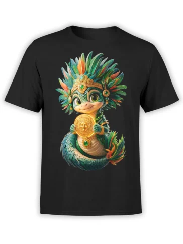 Black T-shirt with a colorful green feathered dragon holding a golden sun medallion