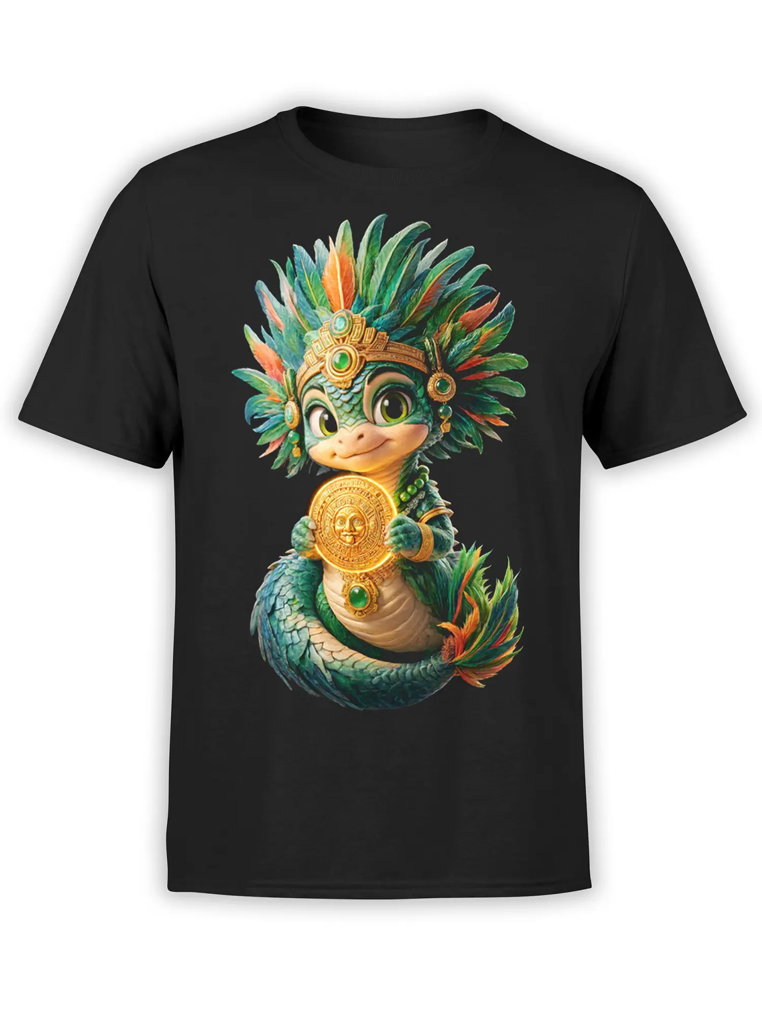 Black T-shirt with a colorful green feathered dragon holding a golden sun medallion