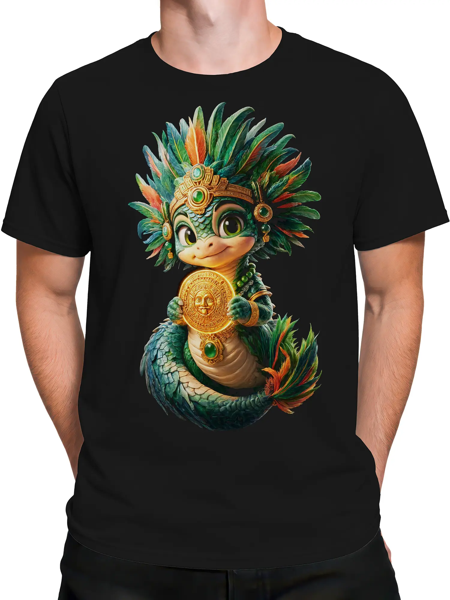 Male model wearing a black T-shirt with a green feathered dragon and sun medallion