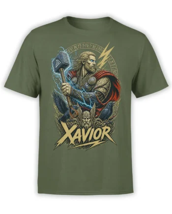 Olive Viking warrior T-shirt with hammer, blue lightning, ravens, runes, and bold XAVOR lettering