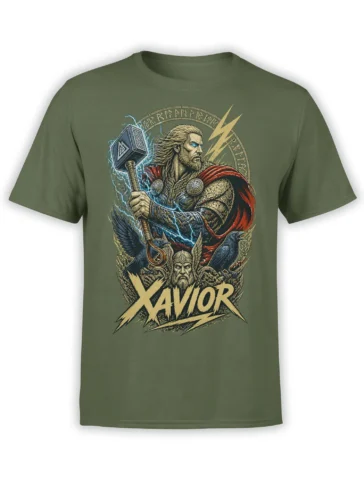 Olive Viking warrior T-shirt with hammer, blue lightning, ravens, runes, and bold XAVOR lettering