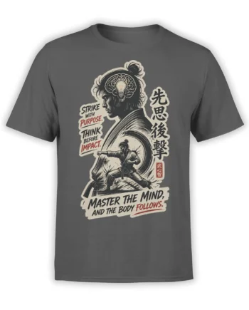 Gray martial artist T-shirt with brain lightbulb artwork and the phrase Master the Mind, and the Body Follows