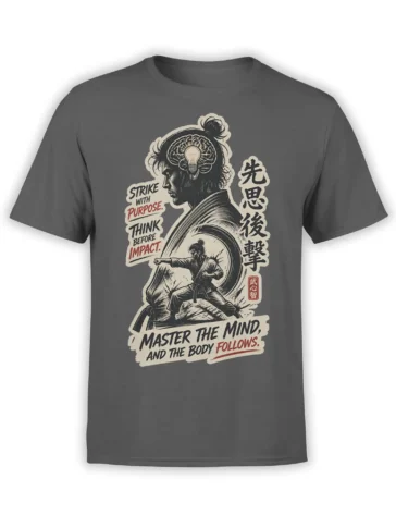 Gray martial artist T-shirt with brain lightbulb artwork and the phrase Master the Mind, and the Body Follows