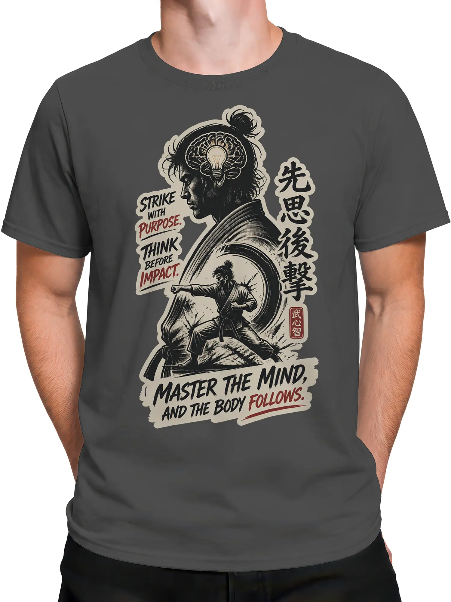 Male torso wearing a gray martial artist T-shirt with focused fighter and Master the Mind graphic