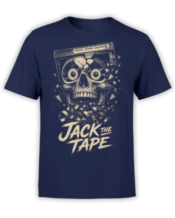 Front view of a navy VHS skull T-shirt with shattered tape details and distressed Jack the Tape lettering