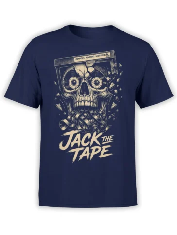 Front view of a navy VHS skull T-shirt with shattered tape details and distressed Jack the Tape lettering