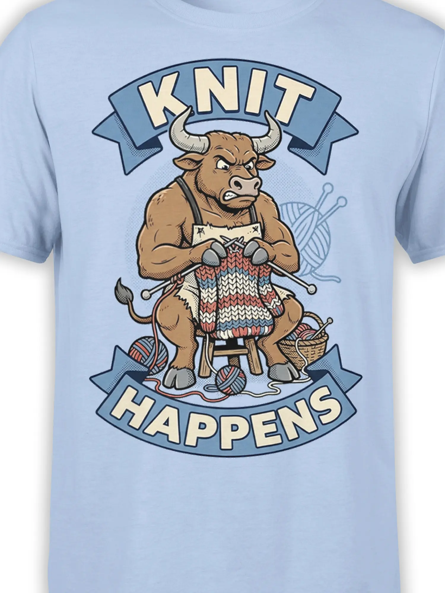 Close-up of bull knitting artwork and colorful sweater on a light blue graphic T-shirt