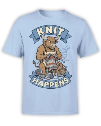 Light blue bull knitting T-shirt with colorful sweater, yarn balls, needles, and “Knit Happens” text
