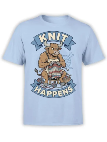 Light blue bull knitting T-shirt with colorful sweater, yarn balls, needles, and “Knit Happens” text
