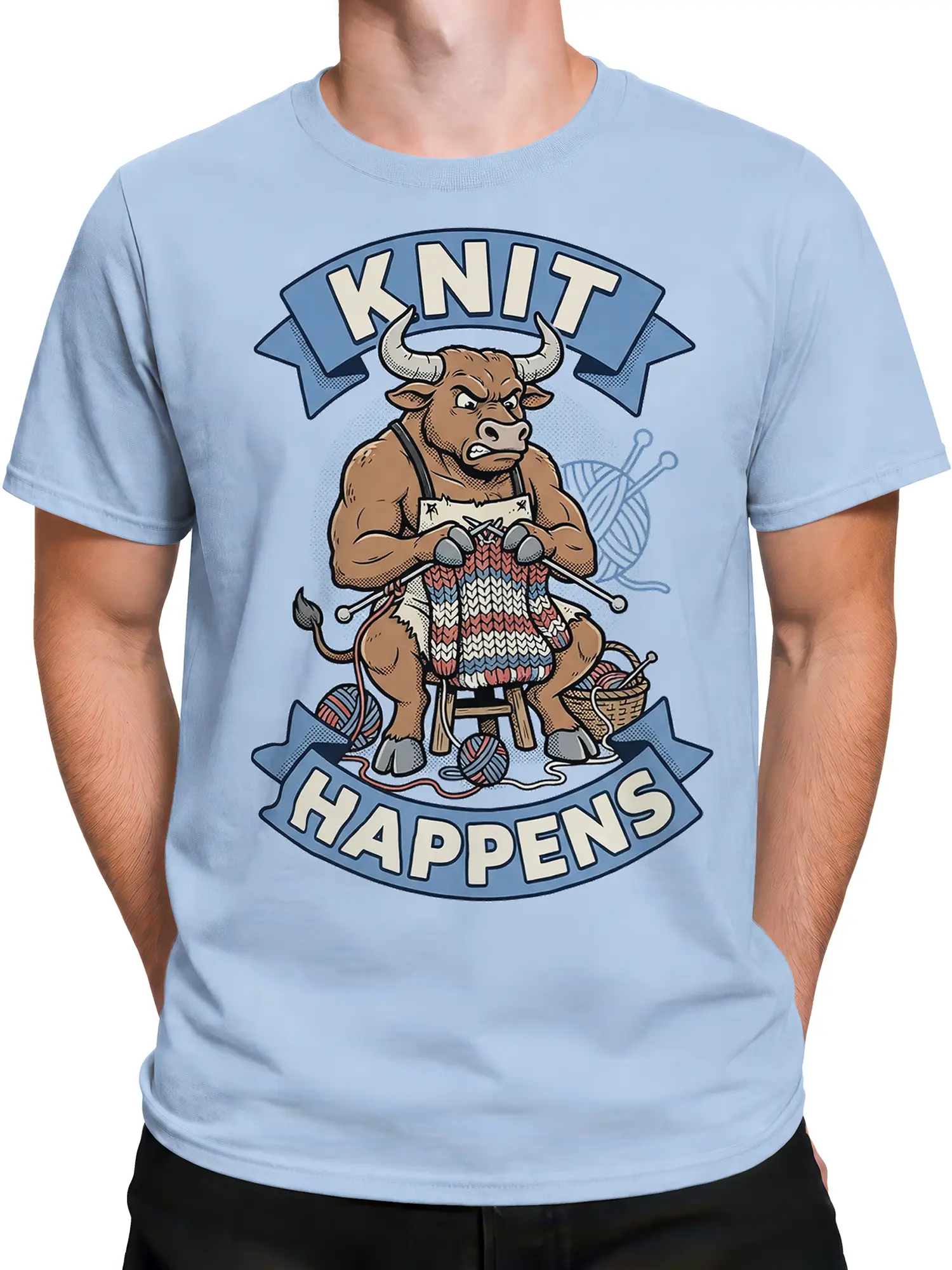 Male torso wearing a light blue bull knitting T-shirt with vintage yarn and craft artwork