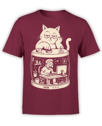 Burgundy cat T-shirt with a bored cream cat above a frantic gamer at an arcade machine