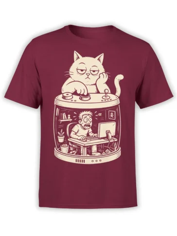 Burgundy cat T-shirt with a bored cream cat above a frantic gamer at an arcade machine