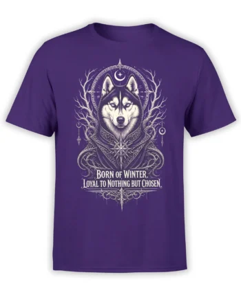 Purple wolf t-shirt with crescent moon, stars, ornate branches, and “Born of Winter” lettering