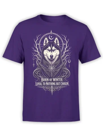 Purple wolf t-shirt with crescent moon, stars, ornate branches, and “Born of Winter” lettering