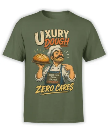 Olive green chef T-shirt with a vintage baker holding bread and bold Luxury Dough lettering