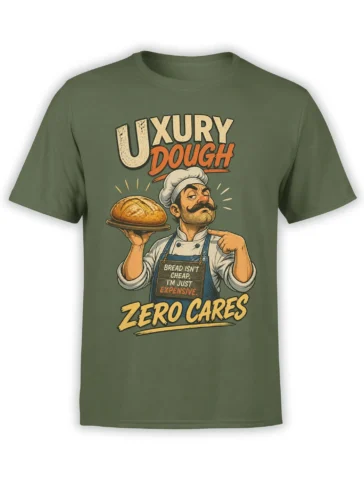Olive green chef T-shirt with a vintage baker holding bread and bold Luxury Dough lettering