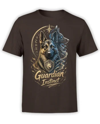 Brown German shepherd Guardian Instinct T-shirt with wolf-like profile, shield emblem, runes, and gold-blue artwork