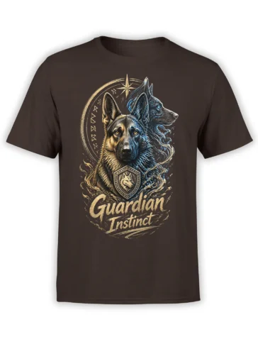 Brown German shepherd Guardian Instinct T-shirt with wolf-like profile, shield emblem, runes, and gold-blue artwork