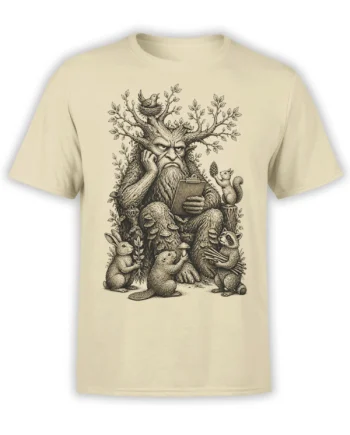 Forest guardian tree figure with woodland animals and mushrooms printed on a beige T-shirt