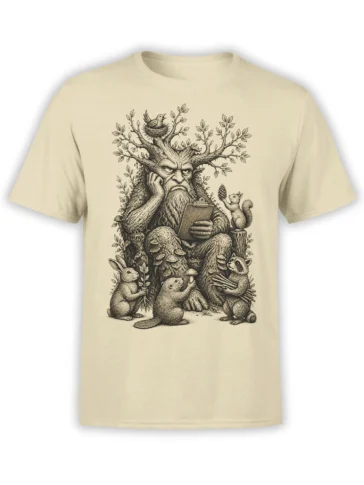 Forest guardian tree figure with woodland animals and mushrooms printed on a beige T-shirt
