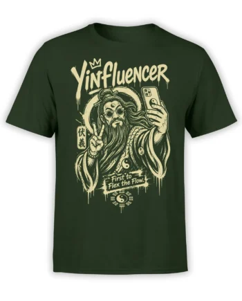 Yinfluencer spiritual graphic T-shirt in green with a bearded sage, phone, crown, and yin yang symbols