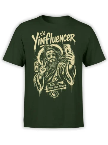 Yinfluencer spiritual graphic T-shirt in green with a bearded sage, phone, crown, and yin yang symbols