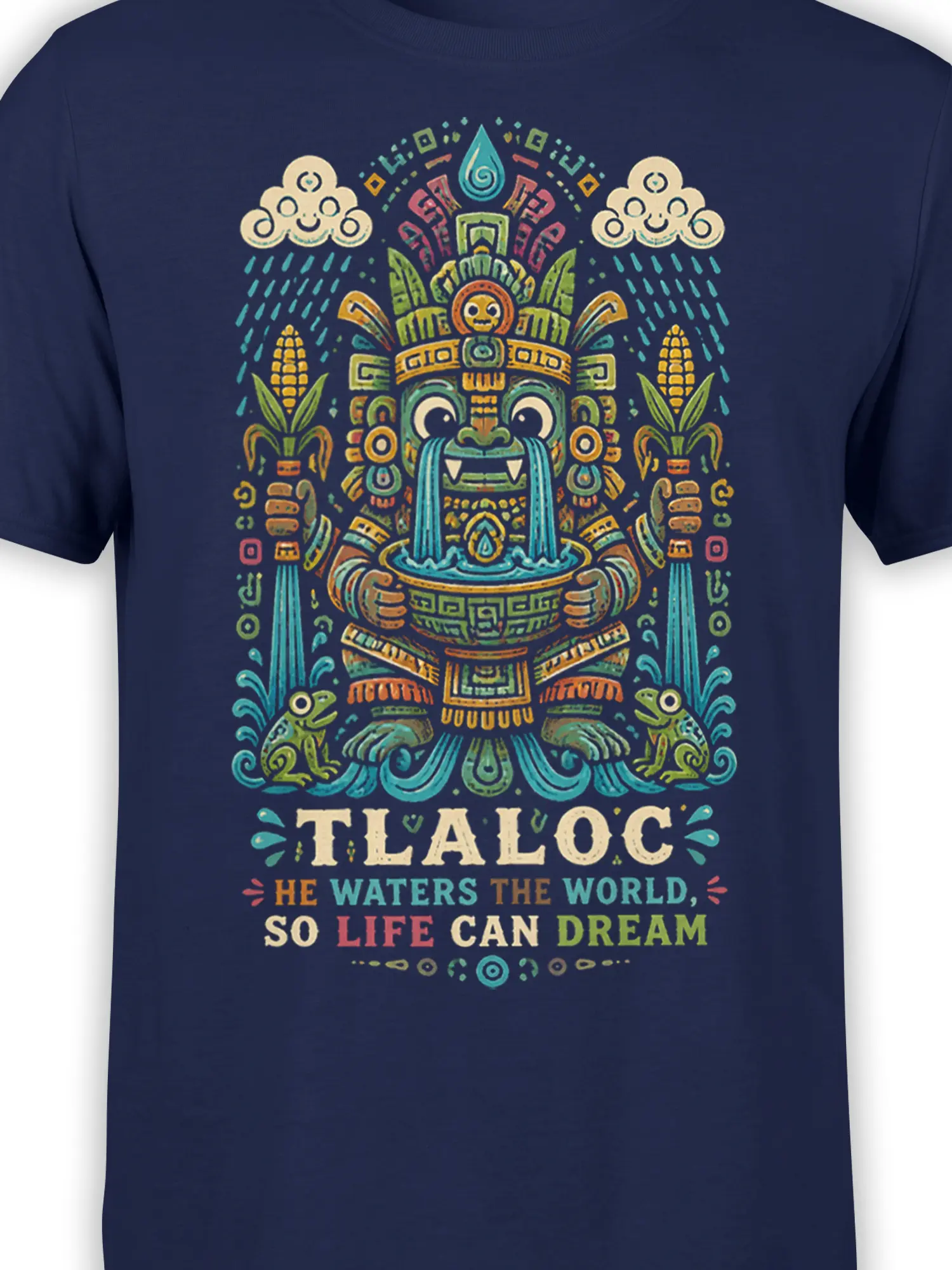 Close-up of the Tlaloc mythology design with water streams, corn, clouds, and colorful symbols on navy fabric