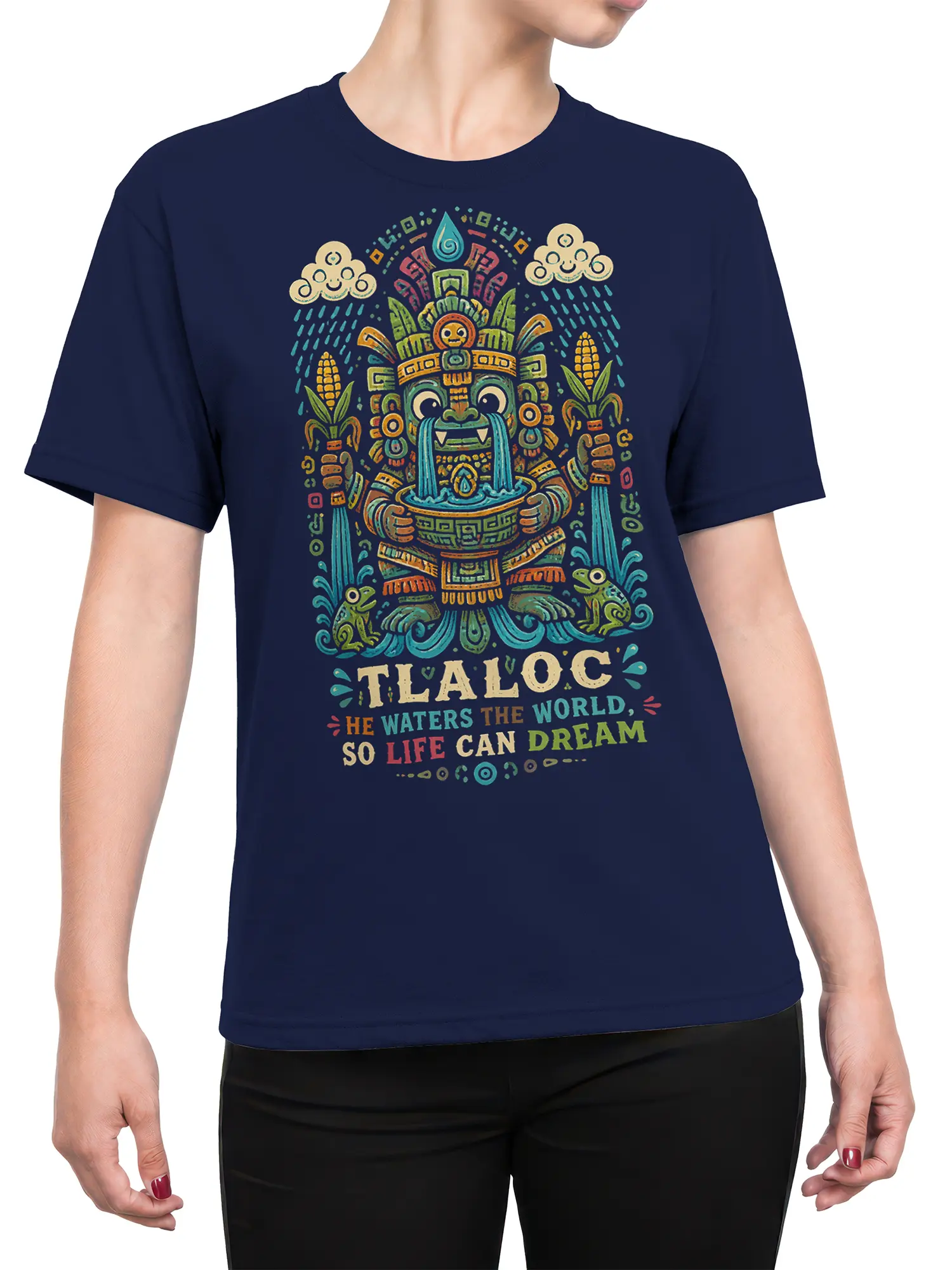 Female torso wearing a navy T-shirt with a colorful Tlaloc rain deity and water symbolism