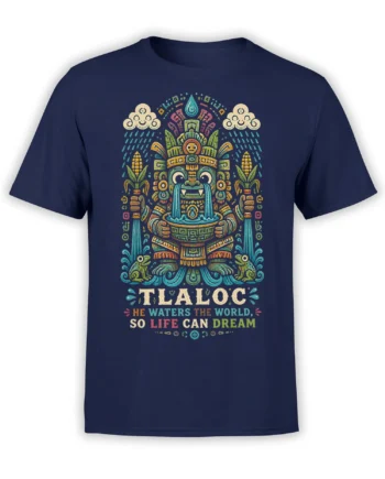 Front view of a navy T-shirt featuring a colorful Tlaloc rain deity design with water, corn, and clouds