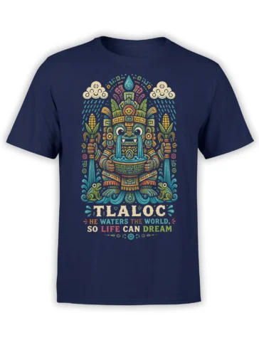 Front view of a navy T-shirt featuring a colorful Tlaloc rain deity design with water, corn, and clouds