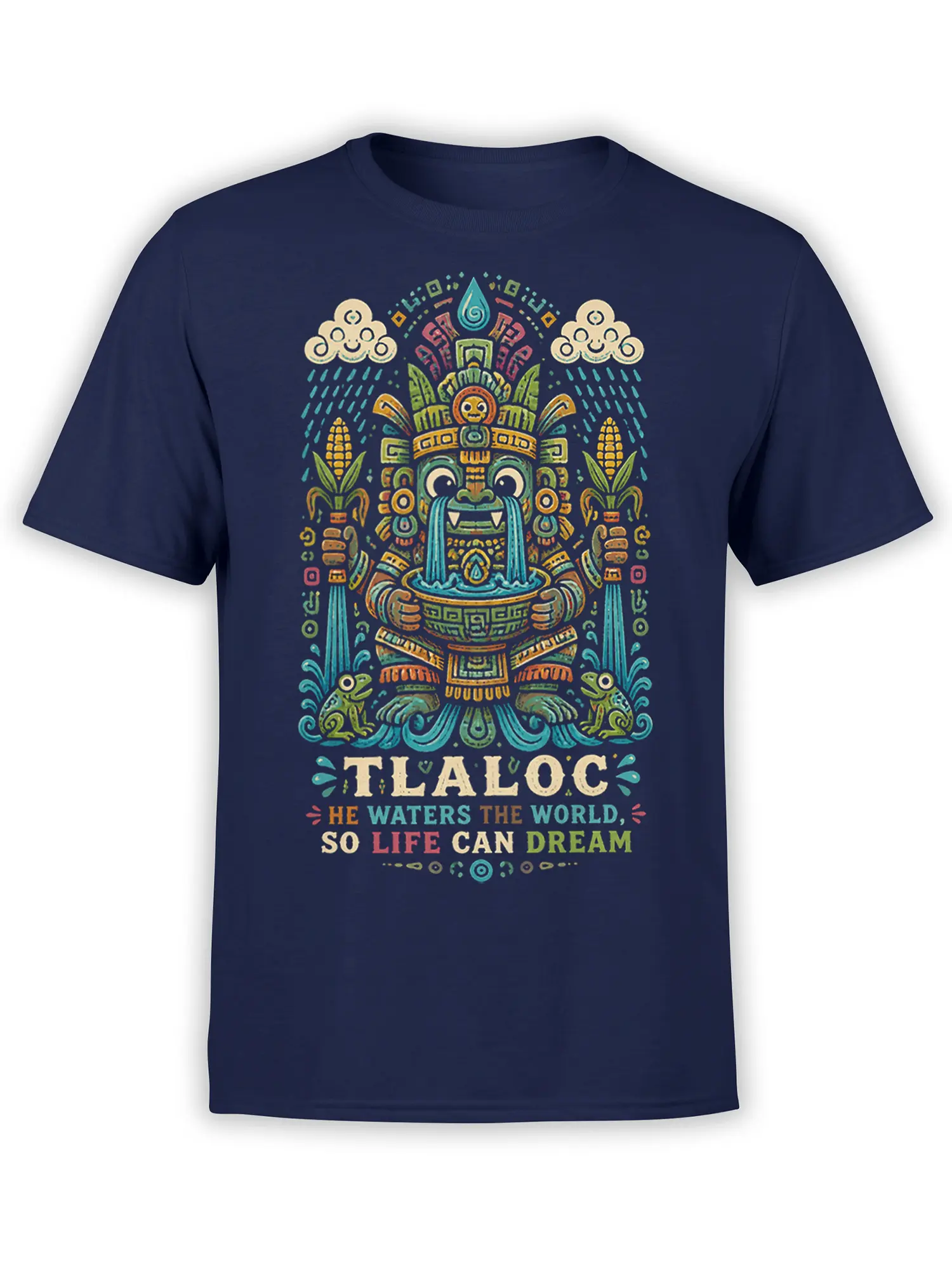 Front view of a navy T-shirt featuring a colorful Tlaloc rain deity design with water, corn, and clouds