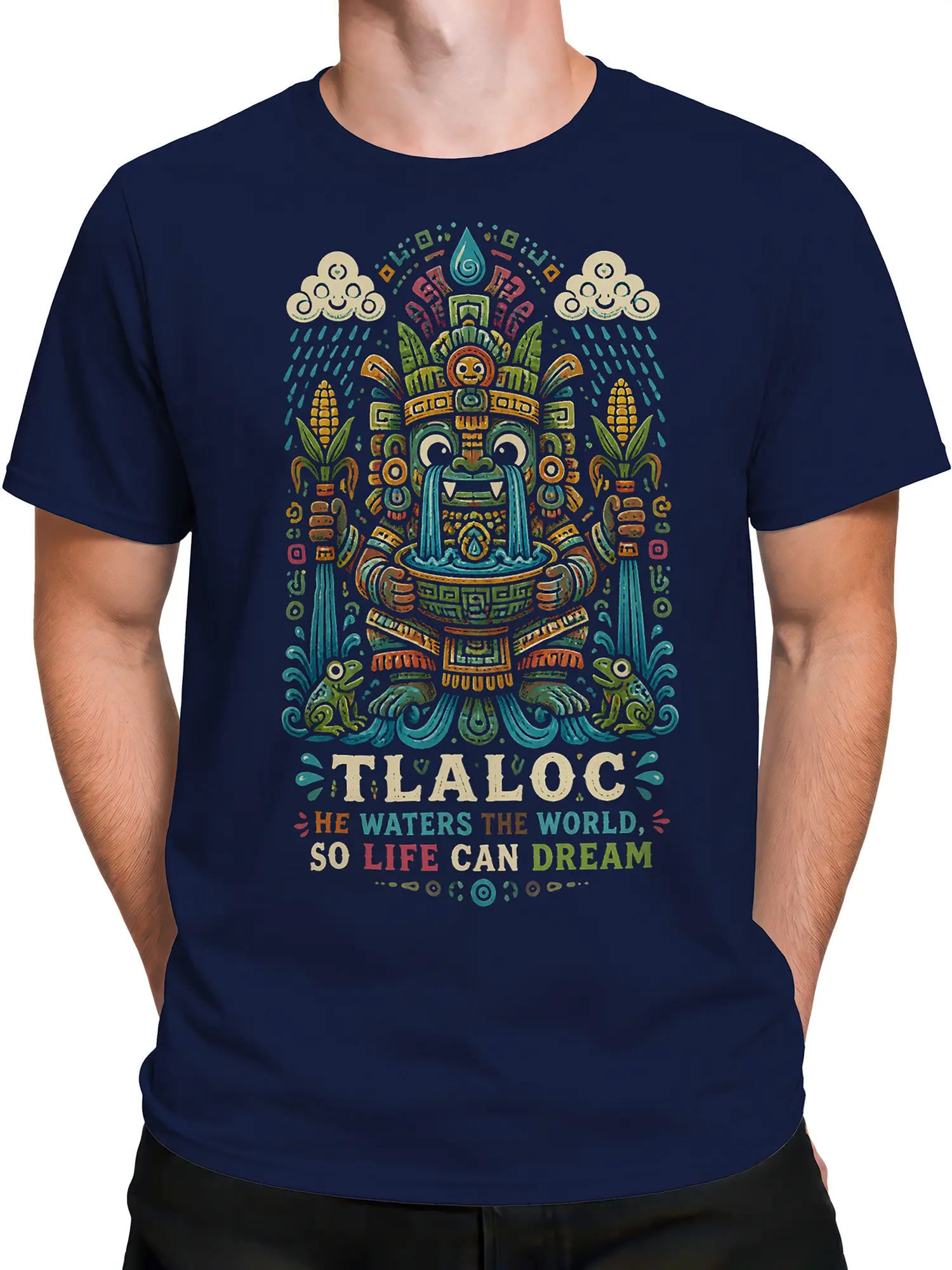Male torso wearing a navy T-shirt with a bold colorful Tlaloc mythology design