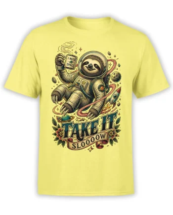 Yellow T-shirt featuring a vintage astronaut sloth floating among planets, a rocket, flowers, and “TAKE IT SLOOOOW” text