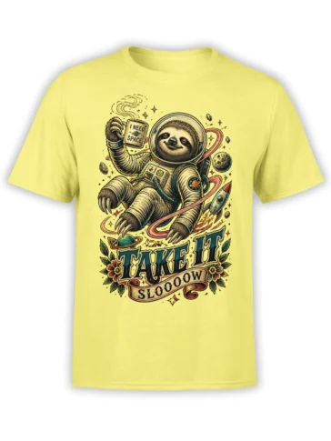 Yellow T-shirt featuring a vintage astronaut sloth floating among planets, a rocket, flowers, and “TAKE IT SLOOOOW” text