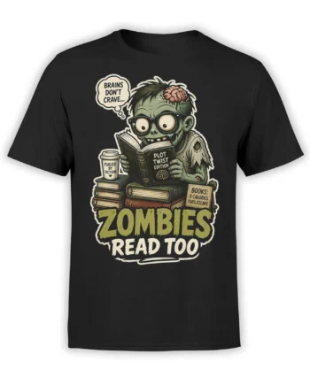 Black zombie reader T-shirt with books, coffee, plot twist text, and “ZOMBIES READ TOO” lettering