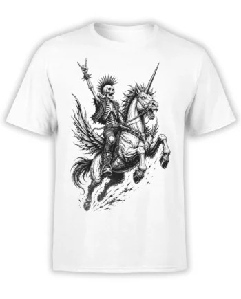 White T-shirt with a black-and-white skeletal rider charging on a rearing horned horse