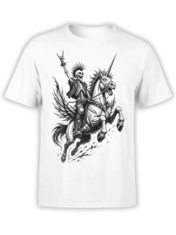 White T-shirt with a black-and-white skeletal rider charging on a rearing horned horse