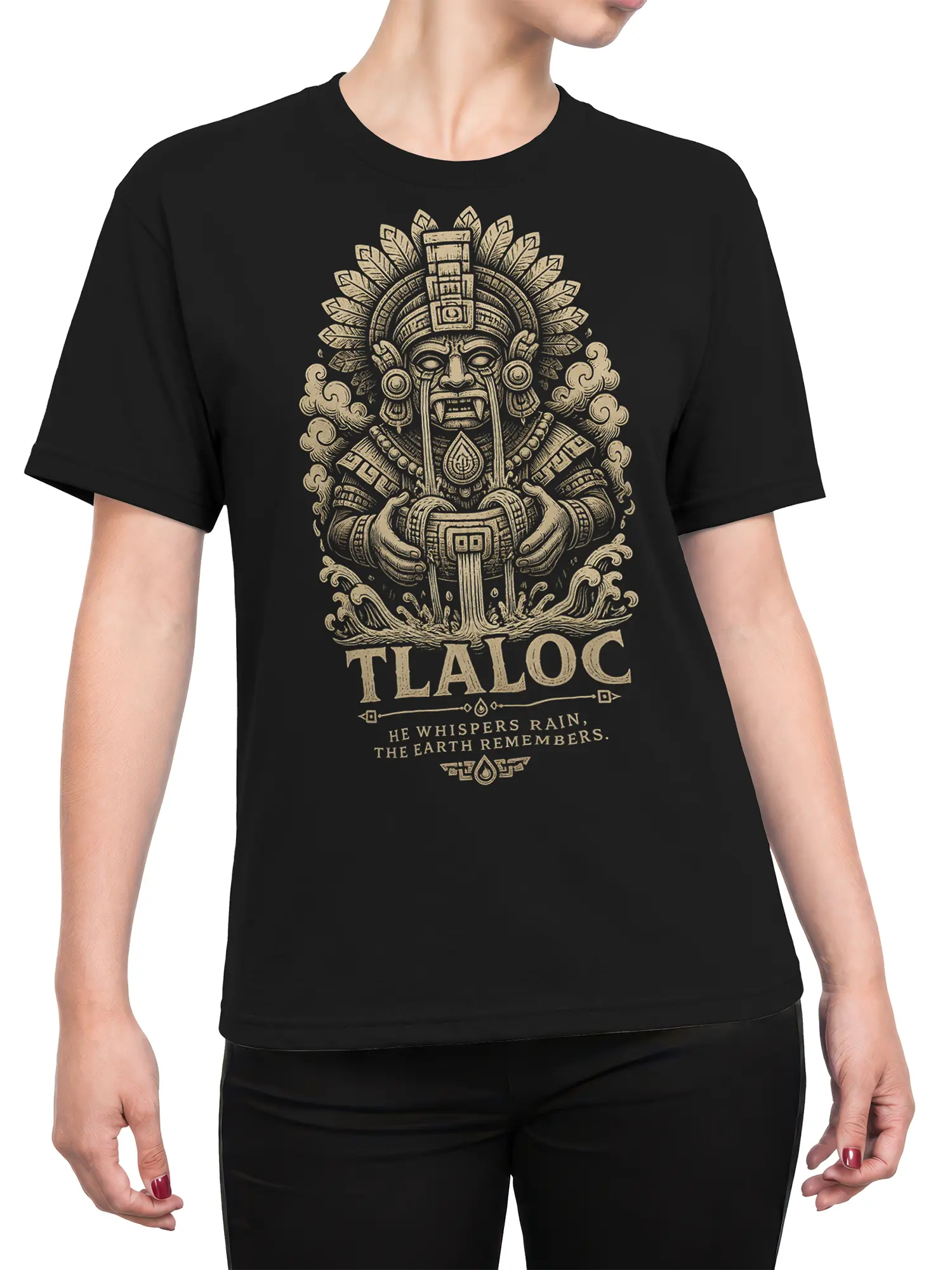 Female torso wearing a black Tlaloc mythology T-shirt with a vintage rain deity design and bold cream lettering