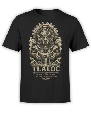 Black T-shirt with vintage Tlaloc rain deity illustration, flowing water, clouds, and the phrase He Whispers Rain