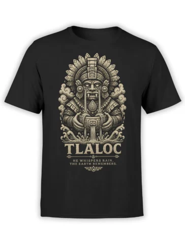 Black T-shirt with vintage Tlaloc rain deity illustration, flowing water, clouds, and the phrase He Whispers Rain