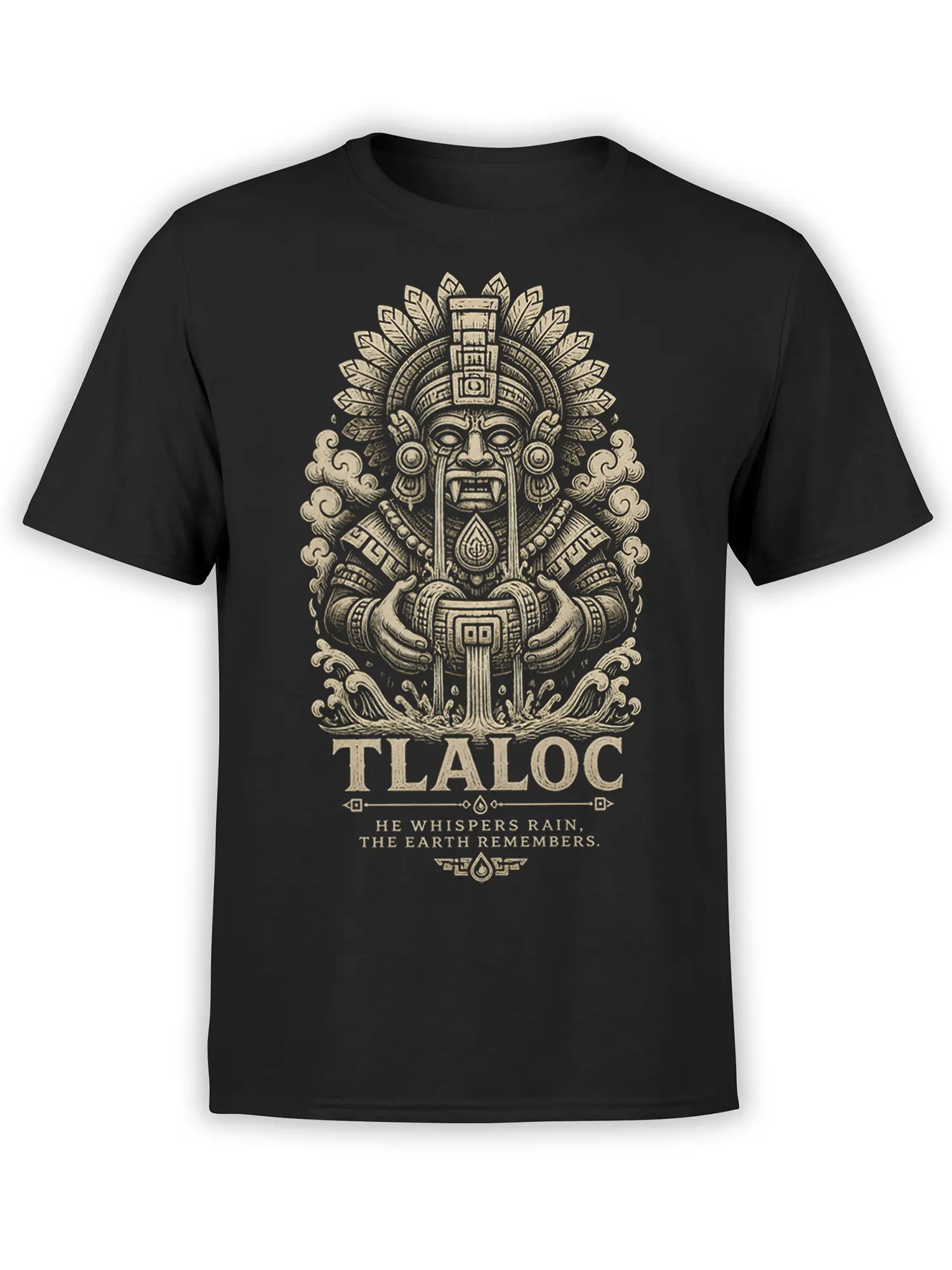 Black T-shirt with vintage Tlaloc rain deity illustration, flowing water, clouds, and the phrase He Whispers Rain