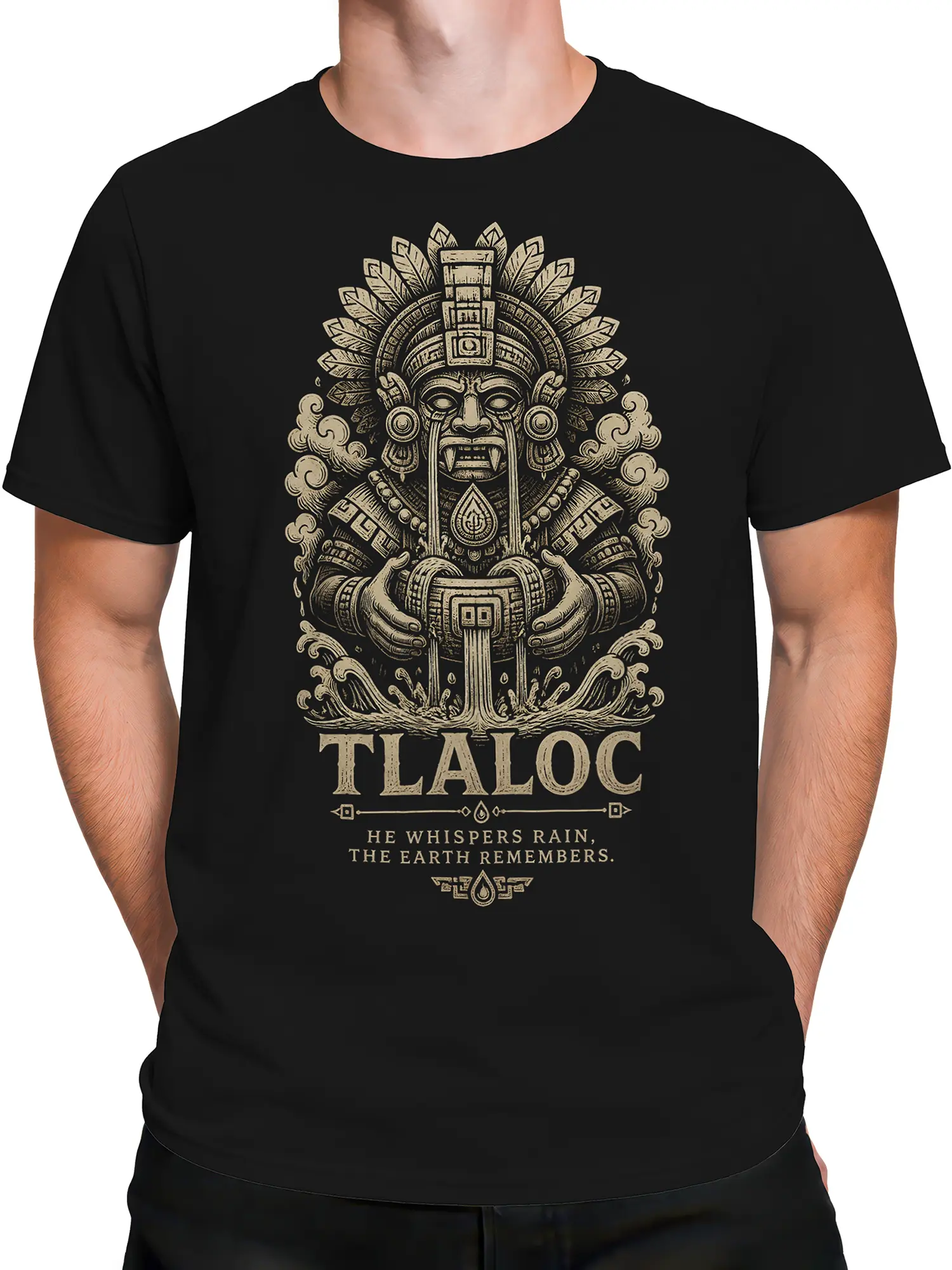 Male torso wearing a black Tlaloc rain deity T-shirt with vintage symbols and flowing water artwork