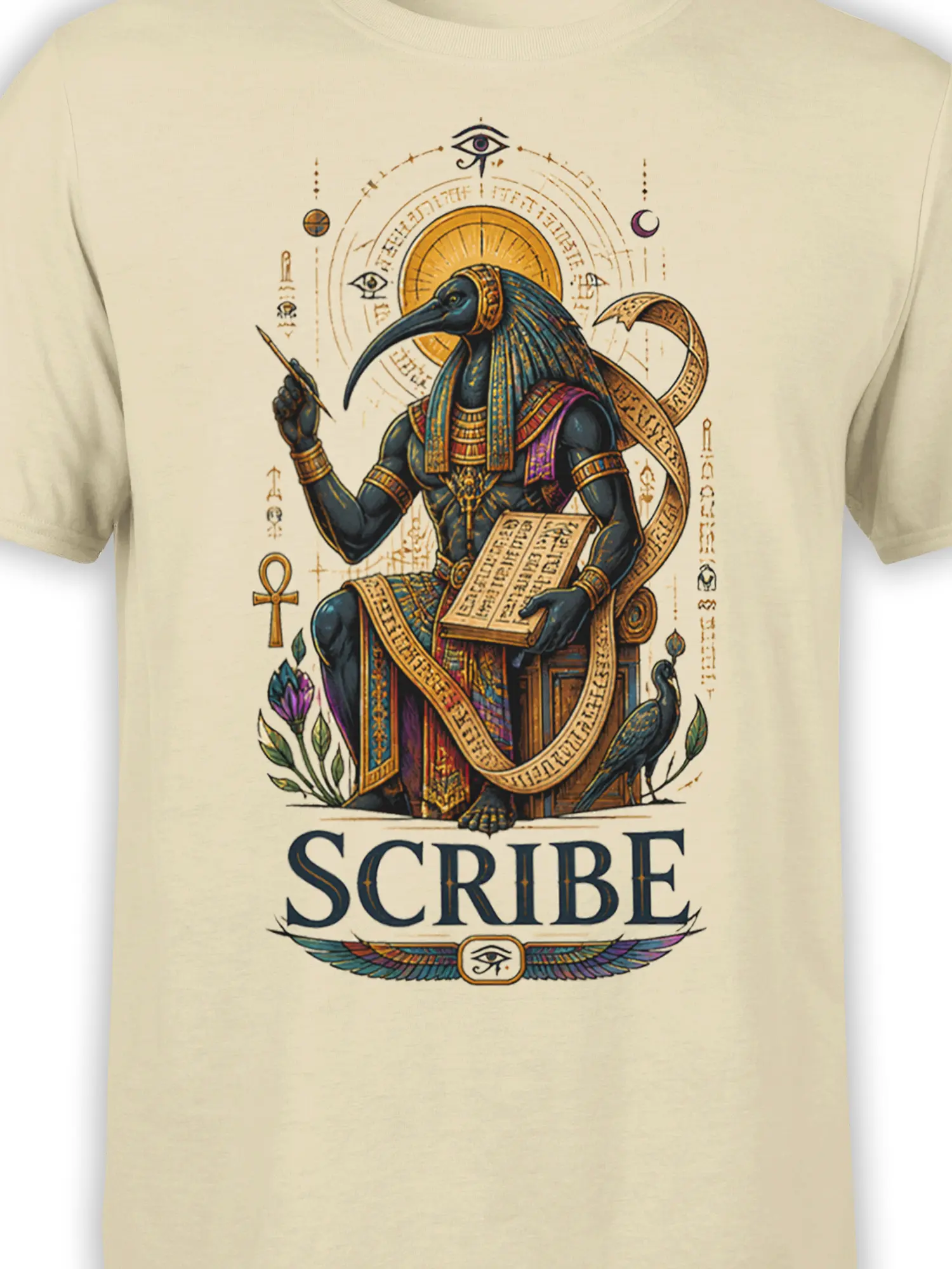 Close-up of the Egyptian ibis-headed scribe design and colorful hieroglyphic-style artwork on a beige T-shirt