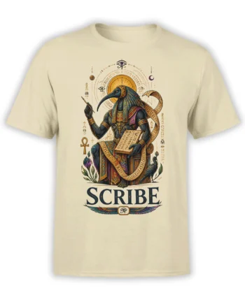 Beige T-shirt with an Egyptian ibis-headed scribe, hieroglyphic details, sacred symbols, and SCRIBE text