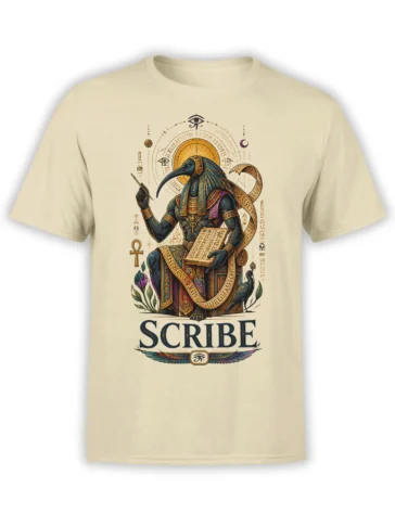 Beige T-shirt with an Egyptian ibis-headed scribe, hieroglyphic details, sacred symbols, and SCRIBE text