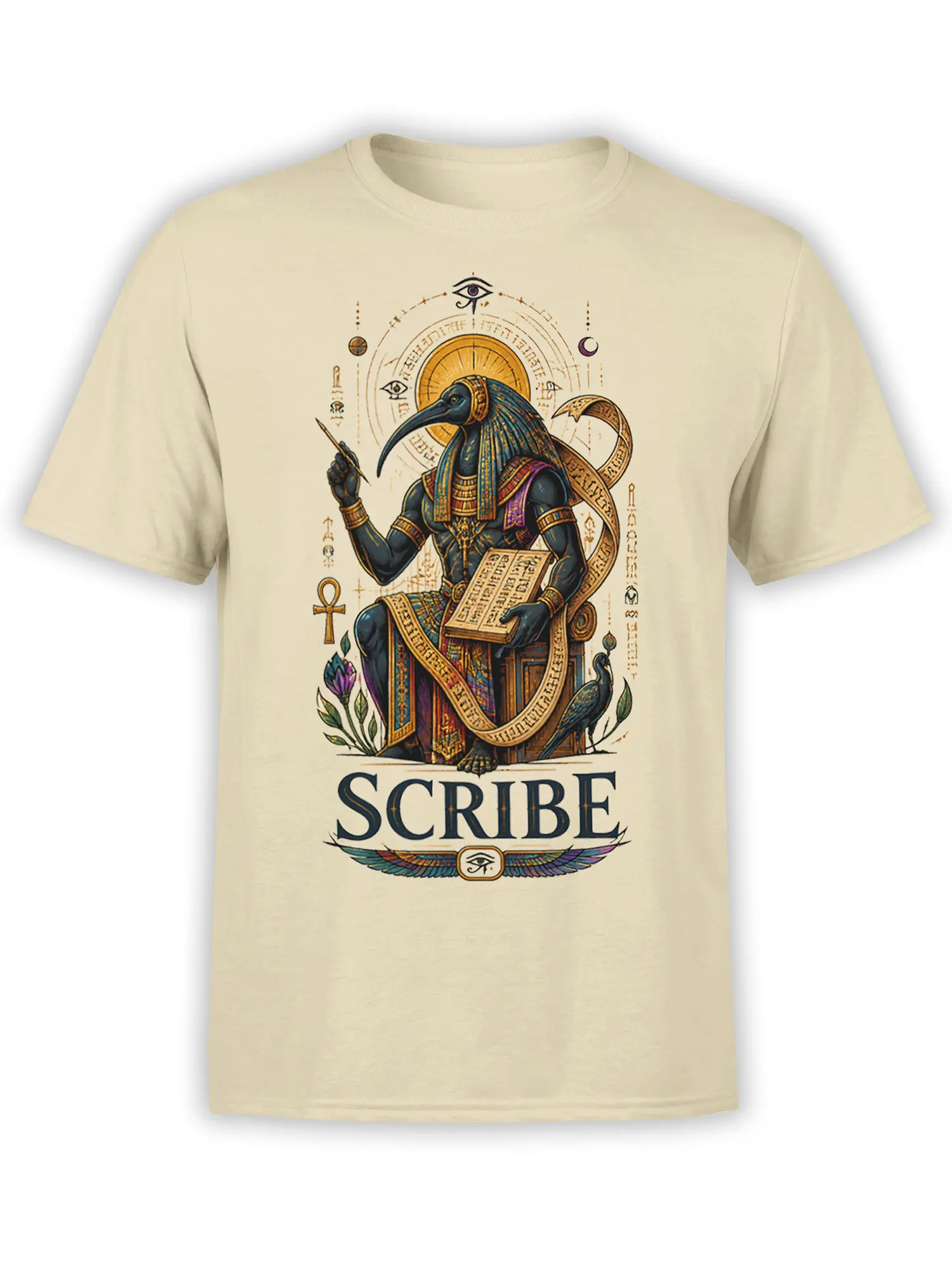 Beige T-shirt with an Egyptian ibis-headed scribe, hieroglyphic details, sacred symbols, and SCRIBE text