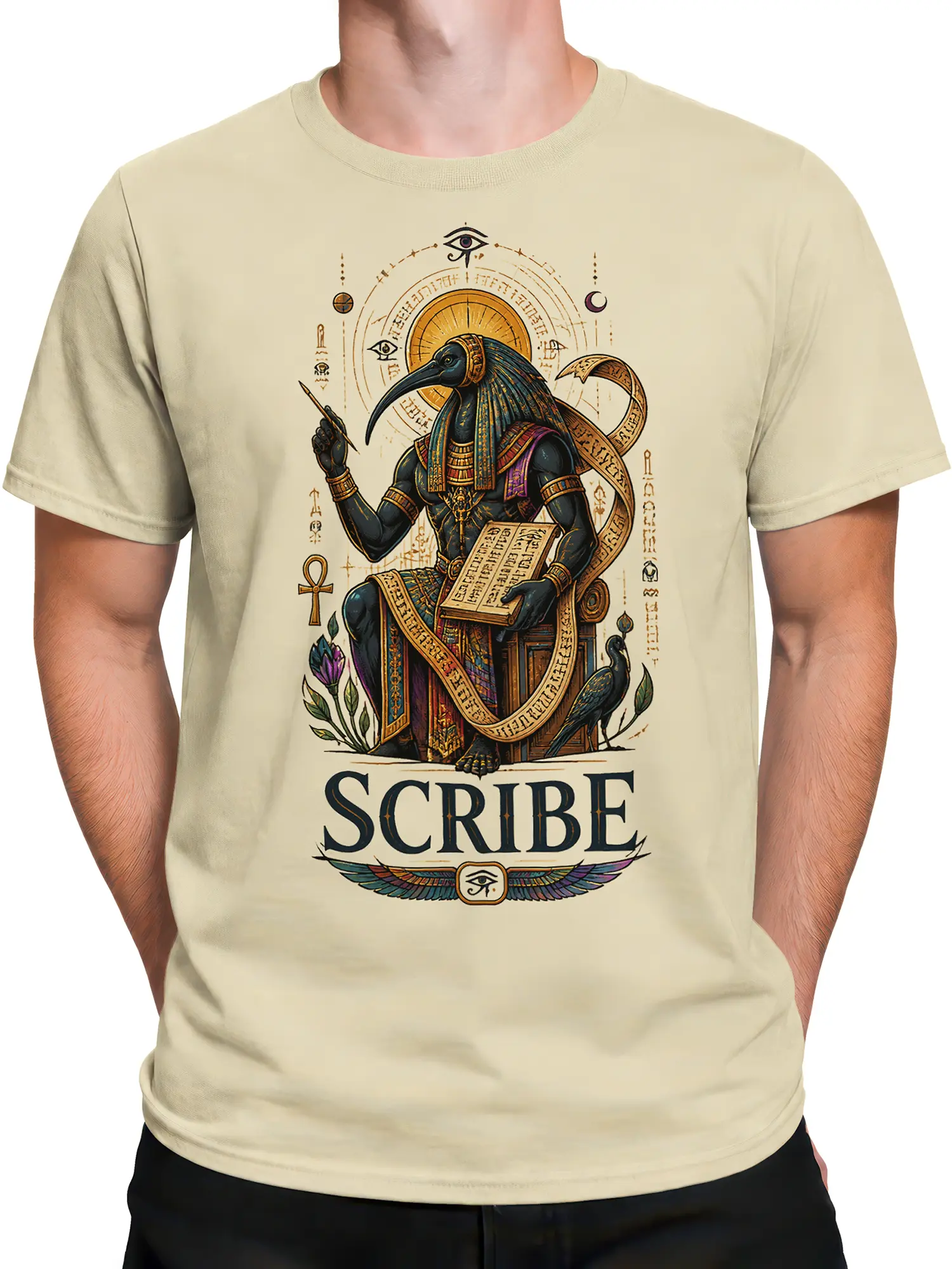 Male torso wearing a beige T-shirt with a vintage Egyptian ibis scribe illustration and SCRIBE lettering