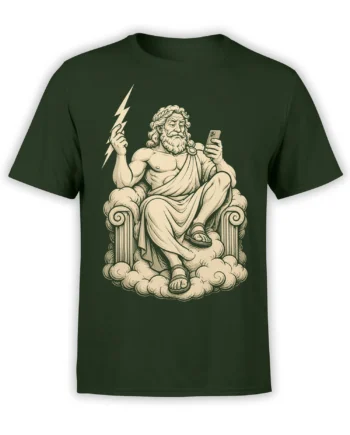 Green T-shirt with a vintage thunder god seated on a cloud throne, holding lightning and checking a smartphone