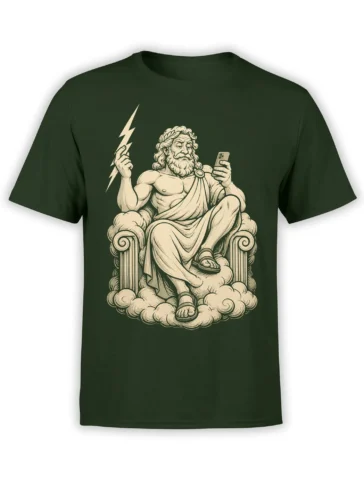 Green T-shirt with a vintage thunder god seated on a cloud throne, holding lightning and checking a smartphone
