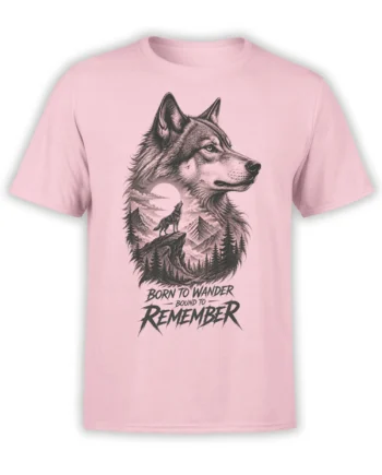 Pink wolf T-shirt with a moonlit mountain scene, pine forest, and Born to Wander quote